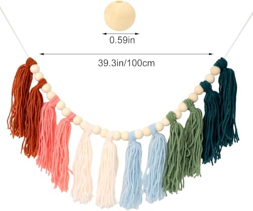 1PCS Boho Colorful Tassel Garland Vintage Wooden Bead Garland Rainbow Color Tassel Banner Festival Wall Decoration for Birthday Party Wedding Christmas Housewarming Decor
