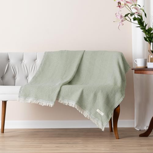 Bed Blanket, Lightweight, Cotton-Rich Blend, Recycled Cotton, Twin Size (57 x 79 Inch), Textured Woven Bedding, Breathable Layering Cover, Khaki Green - color: Khaki Green, size: Twin