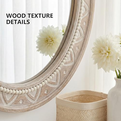 H HOMEWINS Oval Mirrors for Wall,20x30 Oval Wooden Rustic Farmhouse White Beads Boho Nature Decorative Mirror for Bedroom, Bathroom, Living Room,Vanity - color: Light Brown, size: 30"L x 20"W