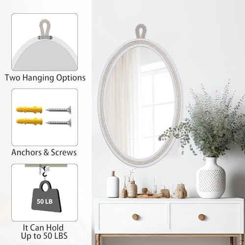 Oval Mirrors for Wall Decor Small White Nautical Rope Mirror Hanging Decorative Beach Coastal Mirror,24''Lx16''W,Oval - size: 23.4"L x 15.6"W
