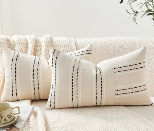 Throw Pillow Covers Set of 2 12x20 Inch Striped Pillow Covers, Soft Decorative Cotton Lumbar Neutral Black Textured Case for Couch Sofa Bed Living Room, Home Modern Farmhouse Cute Decor - color: Black, size: 20" x 12" (Pack of 2)