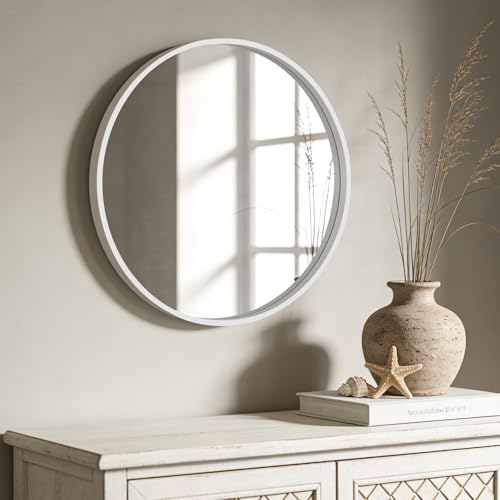 WallBeyond Round Wood Mirror 24 inch Circle Wall Mirror for Bathroom Round Wall Mirror for Wall Decor, Vanity, Entryway Living Room (White) - color: White, size: 24"L x 24"W