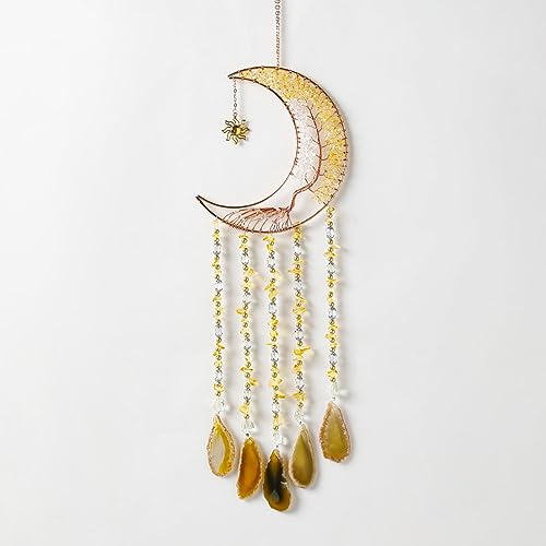 Agate Gemstone Dream Catcher 7 Chakra Tree of Life Dream Catcher with Rainbow Crystal Stones Handmade Dreamcatcher Wall Decor for Adults Boys Girls,Bedroom,Wedding,Garden,Bless Gift(Gold Moon) - color: Gold Moon Agate