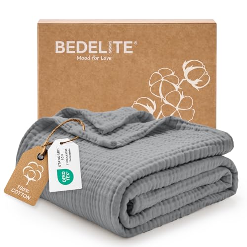 BEDELITE 100% Cotton Muslin Blankets for Adults - 4-Layer Large Throw Breathable and Lightweight Gauze Blanket for Couch, Bed, Travel and Summer, Soft & Cozy Gift for Women, Grey, 50"x70" - color: Grey, size: Throw XL(50"x70")