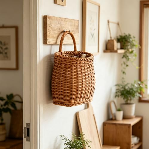 Imitation Rattan Woven Basket Wall Hanging Storage Organizer with Handle for Kitchen Herbs Fruits Vegetables and Home Decor 9.6X6.1X4.3 Inch