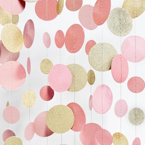 Champagne Gold Rose Pink Polka Dot Garland Champagne Dusty Pink Circle Dot Hanging Streamer Banner for Birthday Baby Shower Bridal Shower Wedding Engagement Retirement Boho Party Decorations Supplies - color: Dusty Pink Champagne