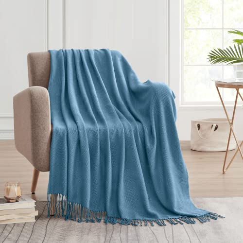 BOURINA Herringbone Two Tone Throw Blanket Faux Cashmere Fringe Soft Lightweight Cozy for Bed Couch Decorative Throws Blanket, Spa Blue, 50" x 60" - color: Spa Blue, size: 50"x60"