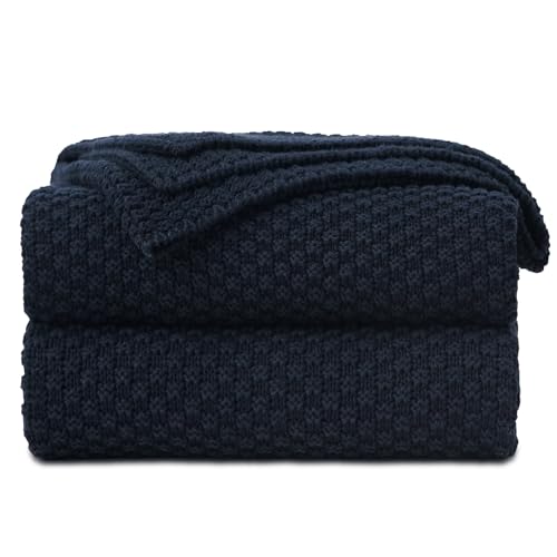 Longhui bedding 100% Cotton Knitted Throw Blanket – Navy Blue, Soft & Cozy, Machine Washable, 51"x63" – Perfect for Living Room, Couch, Sofa, Bed or Travel - color: Dark Navy Blue, size: 51" x 63", Standard