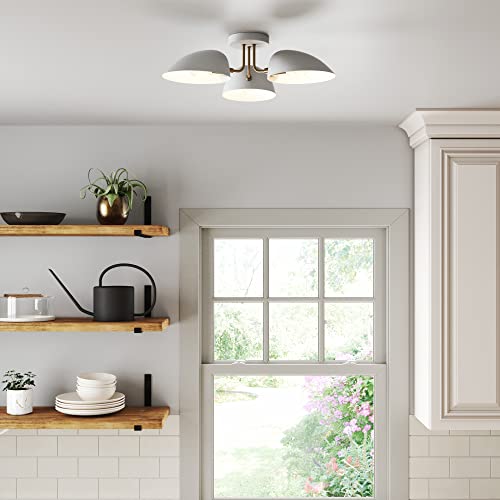 Nathan James Argo Semi Mount Flush Ceiling Light, 3-Lights Modern Retro Lighting with White Rounded Shades for Hallway, Dining Room and Bedroom, Brass Gold/White - color: Brass Gold/White, size: 1