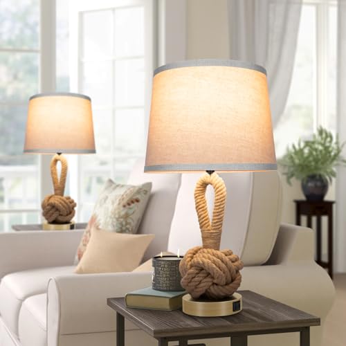 vallerico 22" Rope Lamps for Night Stands, Bedside Lamps Set of 2, 3-Color Temperatures Boho Lamp with Rotary Switch, Table Lamps for Living Room Bedroom, Rattan Lamp with USB Ports, Bulbs Included