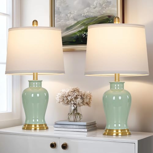 Ruzectt Green Ceramic Lamps Set of 2, 23" Modern Table Lamps for Living Room, Classic Bedside Lamp with Ginger Jar Design, Elegant Bedroom Lamp for Night Stand Desk Side End Table Home Decor - color: Green