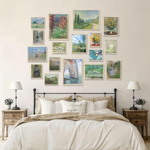 KBKBART 17 PCS Claude Monet Eclectic Wall Art Collage, Vintage Prints for Wall Decor, Canvas Impressionist Gallery Painting, Monet The Cliffs at Etretat Posters for Living Room Aesthetic, Rustic Collage Kit, Dorm Home Decor, Unframed - color: Monet Impres
