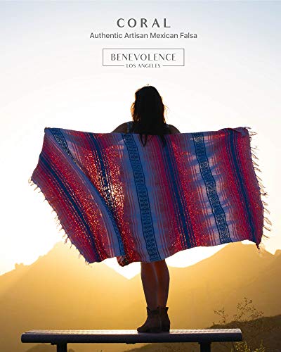 Benevolence LA Authentic Mexican Blanket – Handwoven Falsa Serape Throw – Beach, Camping, Picnic & Yoga Blanket – Lightweight Cotton Throw for Outdoor & Home – Coral, 50x70 in - color: Coral