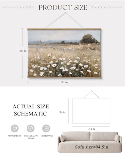 ARPEOTCY Extra Large Vintage Framed Wall Art, 36x54 Inch Wildflower Field Floral Landscape Hanging Canvas Prints Scroll Wall Art Decor for Living Room Bedroom, Retro Scenery Pictures Above of Bed - color: Yellow Wildflower Field