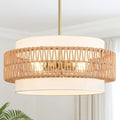19.7" Boho Rattan Chandelier, 4-Light Large Rattan Pendant Light with Fabric Shade, Boho Drum Ceiling Hanging Light Fixture for Dining Room, Living Room, Kitchen Island, Hallway, Foyer - size: 19.7" V-shaped weaving