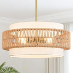 19.7" Boho Rattan Chandelier, 4-Light Large Rattan Pendant Light with Fabric Shade, Boho Drum Ceiling Hanging Light Fixture for Dining Room, Living Room, Kitchen Island, Hallway, Foyer - size: 19.7" V-shaped weaving