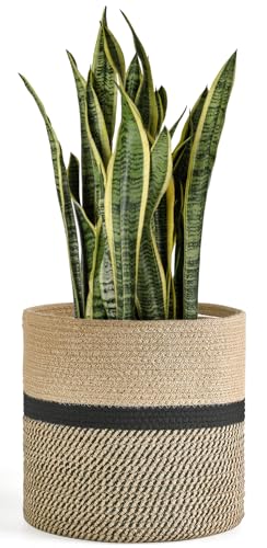 Dahey Jute Rope Plant Basket Modern Woven Storage Basket for 12" Indoor Planter, Decorative Flower Pots Cover Laundry Bin with Handle Rustic Home Decor, Black - color: Black, size: 12"W × 12"H
