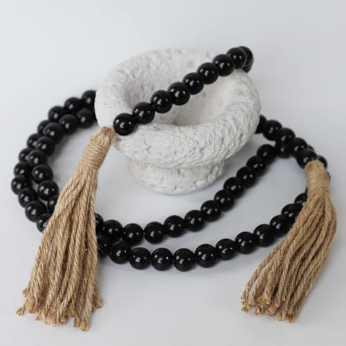 Boho Decor Wood Beads Garland Farmhouse Wall Hanging Decorations Natural Wooden Bead Tassel Decorative for Coffee Table Christmas and Prayer (Black, 58") - color: Black, size: 58"