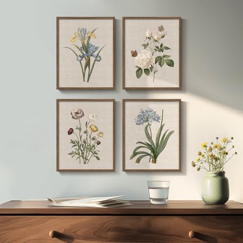 Framed Botanical Wall Art for Bathroom, 4 Piece Vintage Floral Canvas Painting Prints Artwork Farmhouse Wall Decor, Rustic Flower Butterfly Pictures for Bedroom Kitchen Hallway Home Decor, 8x10 Inch - color: Floral - Walnut Framed, size: 8" W x 10" H x 4p