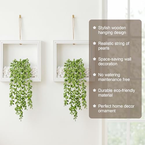 2 Pack Fake Plants Hanging, Artificial Succulents Plants in Square Wooden Frame with Glow Accents, Boho Wall Decor for Office Living Room Bathroom Bedroom Kitchen Indoor Outdoor, White - color: Ivory White