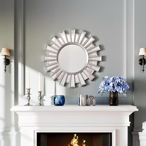 Round Mirrors for Wall Decor, 24" Sliver Sunburst Mirror,Starburst Mirror for Living Room,Hallway,Bedroom Fireplace - color: Sliver-02, size: 24"L x 24"W