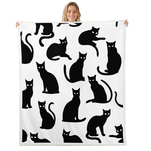 Feelyou Cat Throw Blanket Black Cat Soft Fleece Sherpa Cozy Fuzzy Plush Warm Cats Print Fuzzy Plush Throw Cute Kitten 40"x50" Cats Lover's Gift for Bed Couch Living Room - color: Black White, size: 40"x50"