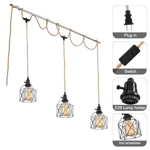 3-Light Hanging Light with Plug in Cord,Plug in Pendant Light 22ft Hemp Rope Pendant Lighting Vintage 3-Light Hanging Lamp Fixtures for Kitchen Island Living Room Bedroom - color: 3 Light 14CM Black Cage