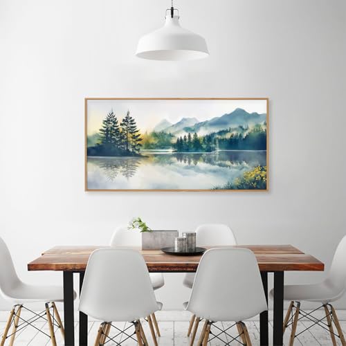 HPNIUB Large Green Mountain Framed Canvas Wall Art Set, Nature Foggy Forest Lake Reflection Wall Decor,Modern Pine Tree Artwork,Watercolor Landscape Art Print for Living Room,Bedroom,Office-20 x40 - color: Nature Mountain Wall Art, size: 40"L x 20"W