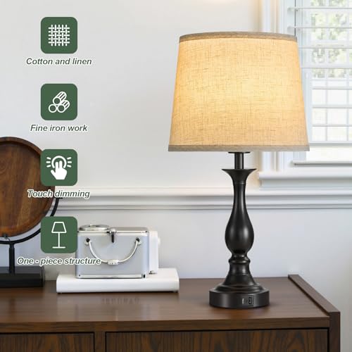 Bedside Table Lamp Touch Control Bedroom Lamps with USB A + C Charging Port 3 Way Dimmable Touch Lamps for Nightstand Living Room Bedroom Dorm Home Office Reading, Set of 2 (Beige Shade & Black Base) - color: Beige Shade & Black Base