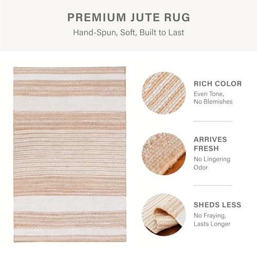 Homespice Reva Striped Area Rug 3x5' - Dense & Thick Premium Handwoven Jute Rug for Kitchen and Hallway, Lays Flat, Won't Fray or Shed, Natural Brown with White Stripes - color: Reva, size: 3' x 5' (Rectangular)