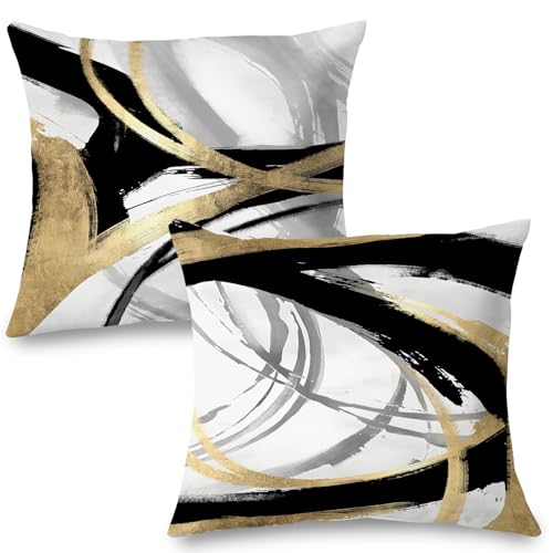 Black White and Gold Pillow Covers, Abstract Black and Gold Pillow Covers 18x18 Set of 2, Modern Boho Home Decor, Black and Gold Decorative Throw Pillows Cover for Couch Living Room Bedroom - color: Black White and Gold, size: 18" x 18" (Pack of 1)