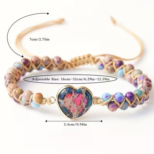 Women Boho Wrap Bracelet,Handmade Natural Stone Crystal Emperor Beads Heart Bracelet, Fashion Bohemian Jewelry Gift for Women - color: Purple Red