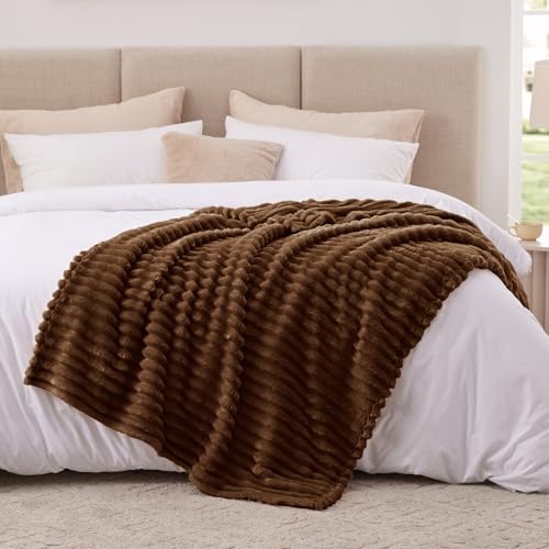 EXQ Home Fleece Throw Blanket for Couch or Bed - 3D Stripe Jacquard Decorative Blankets - 280GSM Cozy Soft Lightweight Fuzzy Flannel Blanket Suitable for All Seasons(50"×60",Brown) - color: Brown, size: Throw