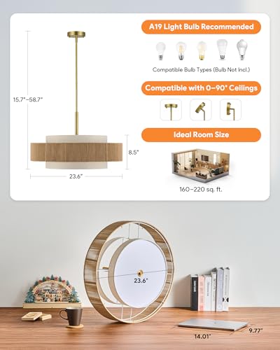 VONLUCE 23.6" Boho Rattan Chandelier, 6-Light Drum Chandelier with 3-Tier Woven Lampshade, Rattan Ceiling Light for Dining Room Bedroom Living Room with E26 Sockets, Gold Finish, ETL Certified - color: Gold, size: 24inch