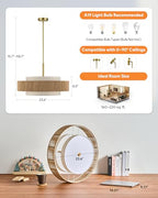 VONLUCE 23.6" Boho Rattan Chandelier, 6-Light Drum Chandelier with 3-Tier Woven Lampshade, Rattan Ceiling Light for Dining Room Bedroom Living Room with E26 Sockets, Gold Finish, ETL Certified - color: Gold, size: 24inch