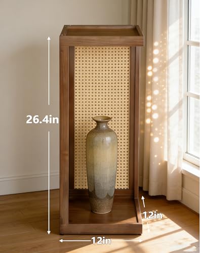 Plant Stand Indoor, 2-Tier Rattan Boho Flower Stands for Home, 26 Inch Tall Natural Wood Corner Plant Shelf, Mid Century Decorative Display Shelves for Living Room,Bedroom,Office,Walnut