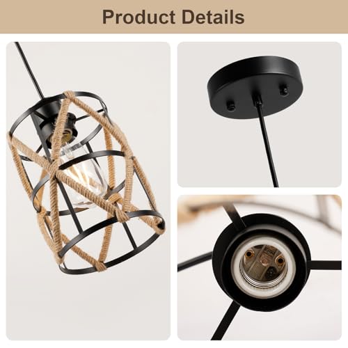 ocioc Hand Woven Hemp Rope Pendant Light, 6.7" Boho Chanderlier Light Fixture, Rattan Cylinder Lamp Shade Lamp, Farmhouse Dome Pendant Lighting for Kitchen Island, Bedroom, Dining Room, Living Room - size: 6.7"