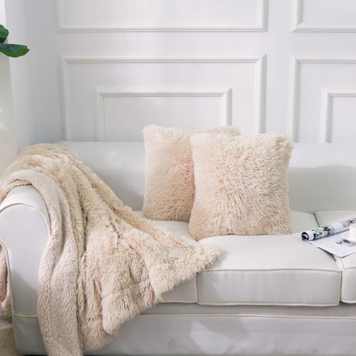 NordECO HOME Luxury Soft Faux Fur Fleece Cushion Cover Pillowcase Decorative Throw Pillows Covers, No Pillow Insert, 20" x 20" Inch, Beige, 2 Pack - color: D-beige, size: 20" x 20" (Pack of 2)