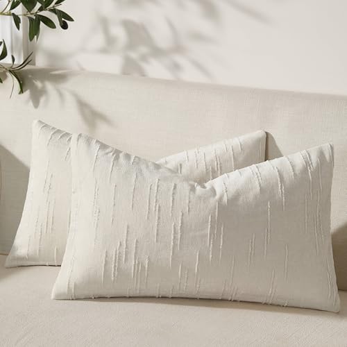 Set of 2 Summer Decorative Throw Pillow Cover 12x20, Solid Farmhouse Neutral Cushion Covers with Hidden Zipper, Soft Textured Throw Pillows for Bedroom Living Room Couch, White - color: White, size: 20" x 12" (Pack of 2)