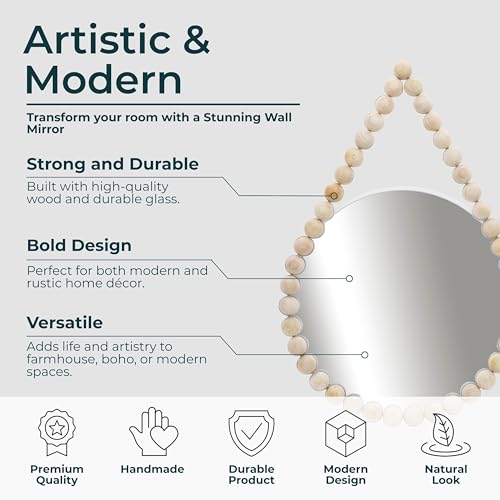 White Decorative Mirror with Beaded Wood Frame – MDF & Glass Home Decor Mirrors for Wall Accent & Styling – Modern Boho Hanging Mirror Wall Decor for Home & Office – 24"x36"
