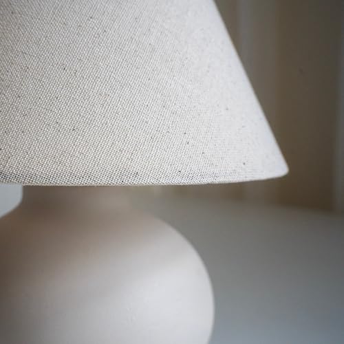 11" Small Table Lamp – Handmade Round Ceramic Cream Base with Off-White Fabric Shade, Dimmable Plug-in Nightstand or Accent Light – Organic Boho Japandi Decor for Bedroom or Small Spaces - color: Soft Linen Fabric Shade