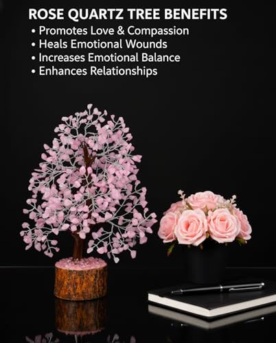 Rose Quartz Crystal Tree, Silver Wire Feng Shui Gemstone Tree, Chakra Healing Stones Crystal Decor, Artificial Bonsai Money Tree, Good Luck Spiritual Gifts for Women & Men, Meditation, 10-12 Inches - color: Rose Quartz
