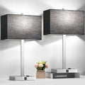 21" Touch Bedside lamps with 2 USB & AC Outlets, 3-Way Dimmable Bedside Table Lamps Set of 2 for Bedroom Living Room Office Reading, Black Shade Lamps for Night Stands, 5000K LED Bulbs Included - color: (2 Pack)-Black Linen& Brushed Nickel(Base)-5000K Bul