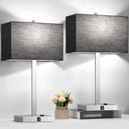 21" Touch Bedside lamps with 2 USB & AC Outlets, 3-Way Dimmable Bedside Table Lamps Set of 2 for Bedroom Living Room Office Reading, Black Shade Lamps for Night Stands, 5000K LED Bulbs Included - color: (2 Pack)-Black Linen& Brushed Nickel(Base)-5000K Bul