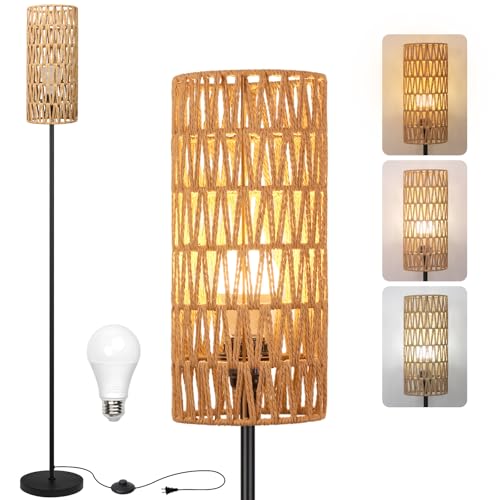 Ruiever Floor Lamp for Living Room,Farmhouse Rattan Floor lamp,Modern Standing lamp with Hand-Worked Rattan Shade,Black Tall Lamp with Foot Switch for Bedroom,Kids Room,Office,LED Bulb is Included. - style: Round Rattan Shade-3 Color Bulb