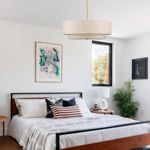 Gold Modern Chandelier 18'' Drum Pendant Light with Fabric Lampshade Hanging Light Fixture 3-Light Farmhouse Chandeliers for Dining Room Bedroom Kitchen Hallway Foyer - color: 18" Fabric Gold