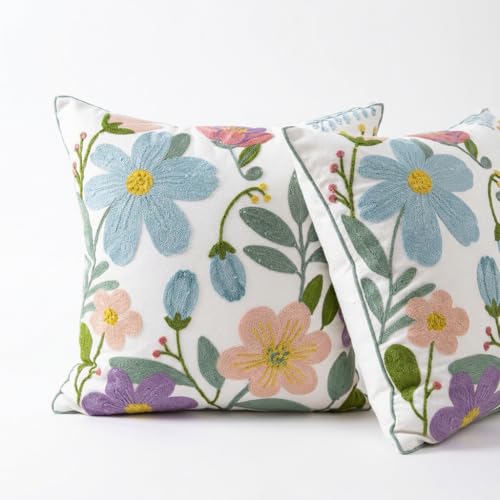 YIcabinet Pack of 2 Throw Pillow Covers, Flower Embroidered Pillow Case Soft Decorative Pillowcases for Home Sofa Couch 18x18 Inch - color: White15