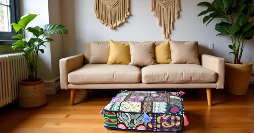 CRAFT KALA Indian Square Patchwork Traditional Pouf Cover Indian Living Room Poufs Decorative Embroidered Designer Ottoman Home Footstool Chair Cover Decor Pillow Cover 18x18x5 inches, Light Green - color: Light Green, size: 18"D x 18"W x 5"H
