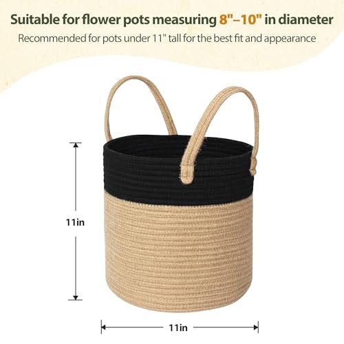Woven Basket for Plant, 11"x11" Planter Basket for 10" Pot, Indoor Boho Artificial Tree Planter, Small Round Flower Pot Cover, Rattan Holder with Handle for Plants, Jute Spliced Cotton Rope - color: Black and Beige