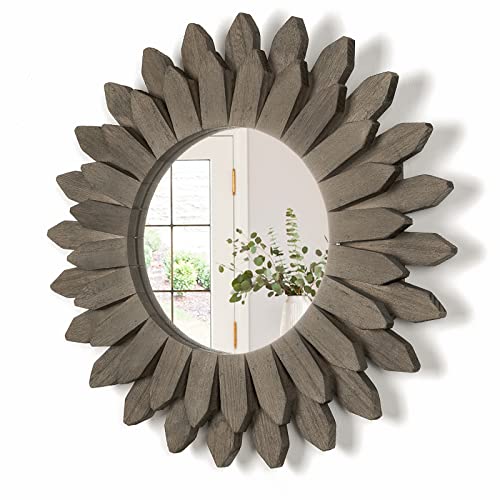 Honiway Farmhouse Wall Decor Mirror 12 inch Sunburst Boho Wood Mirror Rustic Home Decor Room Decoration for Bedroom Living Room Weathered Grey - color: Weathered Grey, size: 12 inch (1 pack)